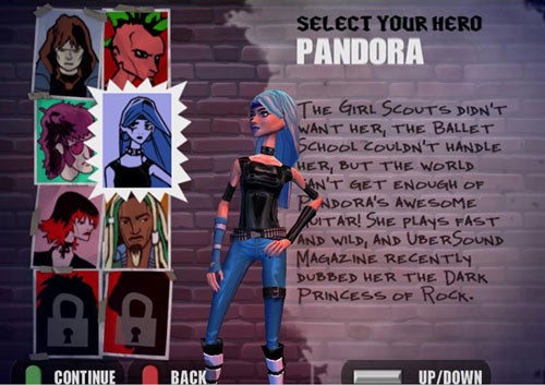 A screenshot from Guitar Hero showing a character selection screen with the focus on the character named Pandora. The screen includes various character portraits and a description of Pandora that reads: 