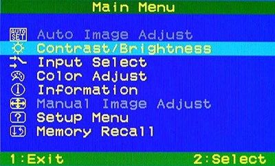On-screen display menu of the ViewSonic VX2025wm 20.1-inch LCD monitor showing options for Auto Image Adjust, Contrast/Brightness, Input Select, Color Adjust, Information, Manual Image Adjust, Setup Menu, and Memory Recall.