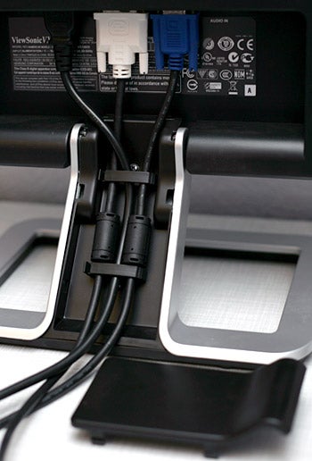 ViewSonic VX2025wm 20.1in LCD monitor's back panel displaying ports for power, VGA, and DVI cables, with cables organized using built-in cable management.