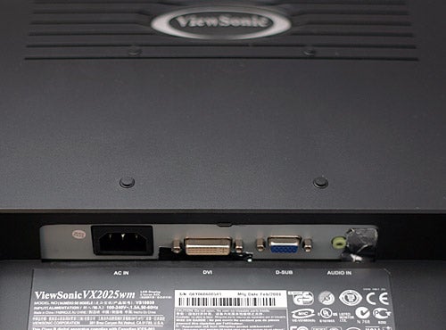 Close-up of the back panel of a ViewSonic VX2025wm 20.1-inch LCD monitor displaying its various input ports including AC power, DVI, D-SUB, and audio in, along with the model information label.