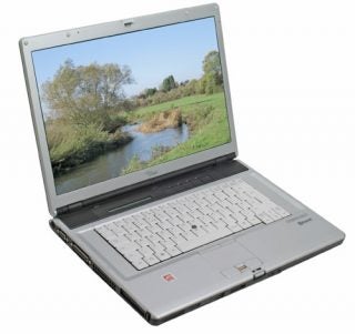 Fujitsu-Siemens LifeBook E8210 notebook with open lid displaying a scenic wallpaper, featuring a landscape with a river and trees, positioned on a white background.