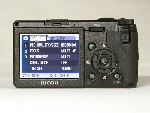 Ricoh GR Digital camera displaying its menu options on the LCD screen.