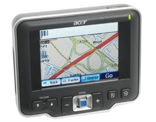 Acer D150 Portable Navigator displaying map with buttons.