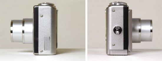Side-by-side comparison of the Fujifilm Finepix F11 digital camera in a closed position from two different angles, showing the lens retracted within the metallic body on a white background.