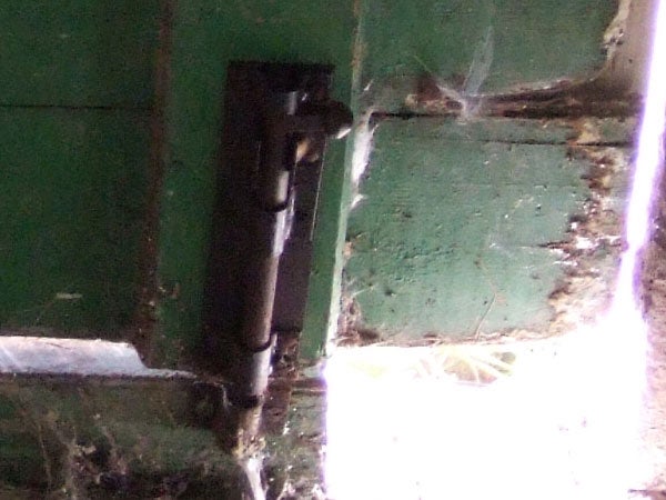 Image of a black hinge on a faded green wooden door with cobwebs in the corner, possibly captured with a Fujifilm Finepix F11 showcasing the camera's detail capture in low light conditions.