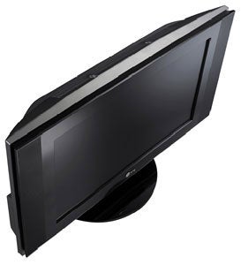 Side angle view of LG 32LX2R 32-inch LCD television on a stand, displaying a glossy black bezel and screen, with no visible image on the screen.