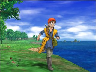 Screenshot from the video game Dragon Quest: The Journey of the Cursed King showing the main character standing in a grassy field with a scenic view of the ocean and a clear blue sky.