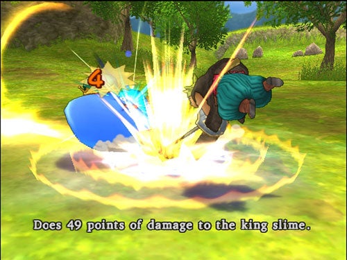 Battle scene from Dragon Quest: The Journey of the Cursed King showing a character attacking a king slime with a text overlay that reads 