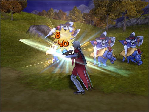 A screenshot from the video game Dragon Quest: The Journey of the Cursed King, depicting a character performing an attack against a group of enemy creatures in a grassy field. Bright impact visual effects and damage numbers are visible, indicating a successful hit on the enemies.