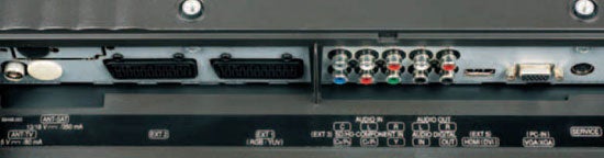 Close-up of the connectivity ports on the back panel of a Sharp LC-32GD7E 32-inch LCD TV, featuring various input and output interfaces including HDMI, SCART, component, and audio jacks.