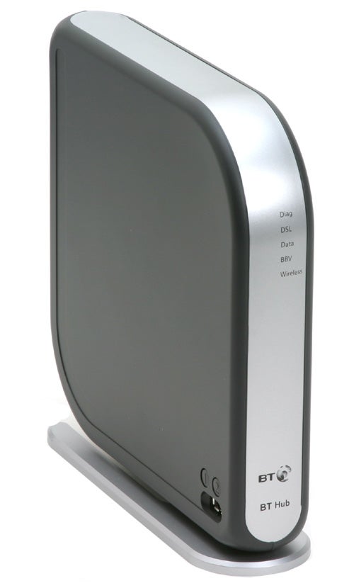 BT Hub wireless router standing upright with indicator lights for diagnostics, DSL data, broadband voice, and wireless signal.