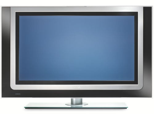 Philips 37PF9830 37-inch LCD TV with a wide silver bezel and matching tabletop stand, displaying a blue screen with no input signal.