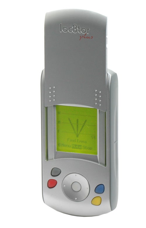 Loc8tor Plus handheld device with grey body, screen displaying directional arrows and menu options, and control buttons in red, grey, and blue.