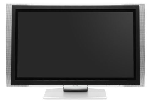 Sony KDE-W50A12U 50-inch plasma television on a white background, showing a black screen, with silver bezels and a matching stand, displaying the Sony logo at the center of the bottom bezel.