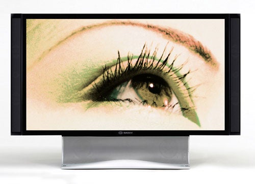 Sagem HD-D45H G4 T DLP TV displaying a high-resolution image of a human eye on the screen, showing the detail and color reproduction capability of the television.