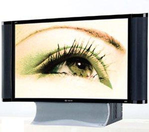 A Sagem HD-D45H G4 T DLP TV displaying a close-up image of a human eye with vivid colors.
