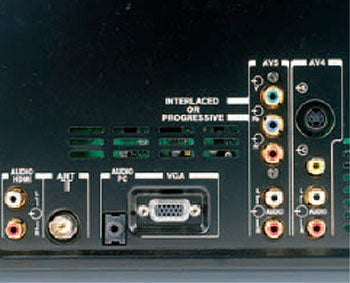 Close-up of the back panel of a Sagem HD-D45H G4 T DLP TV, showing various input and output ports including HDMI, VGA, and audio connectors.