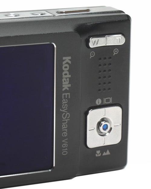 Close-up of the Kodak EasyShare V610 digital camera showing the back panel with LCD screen, control buttons, brand logo, and model name.