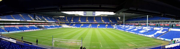 Panoramic view of an empty soccer stadium with blue seats and a green pitch, possibly taken with a Kodak EasyShare V610 camera due to the wide angle.