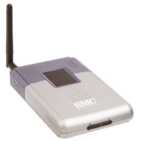 SMC Wireless Network Storage Adapter with an external antenna, showing the brand logo on the top and status display on the front, placed against a white background.