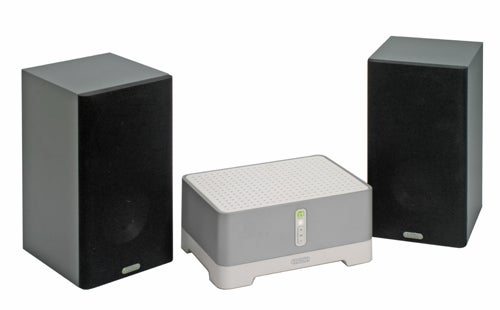 Sonos ZP80 digital music system with two black box speakers and the white central unit with a status indicator light.