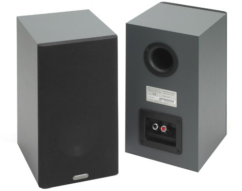 A pair of Sonos ZP80 digital music system speakers with a front black mesh cover on the left and the back panel showing connection ports on the right.