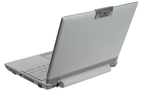 Rear view of a silver Asus W5F Core Duo Notebook showing the battery, hinges, and integrated webcam.