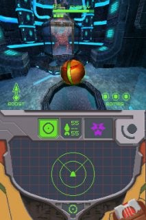 Screenshot of Metroid Prime: Hunters video game showing first-person perspective with HUD elements including health indicator, minimap, and weapon selection.