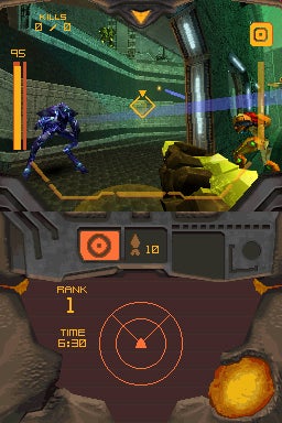 Screenshot of gameplay from Metroid Prime: Hunters on the Nintendo DS showing the first-person perspective of a player character with a heads-up display, including health, ammo, and a radar screen, engaging in combat with two other characters in a futuristic corridor.