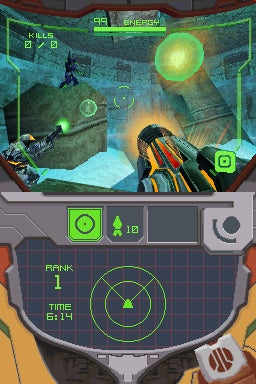 Screenshot of Metroid Prime: Hunters gameplay on Nintendo DS showing a first-person view with heads-up display including health, ammo count, a minimap, and on-screen action with two characters engaged in combat.