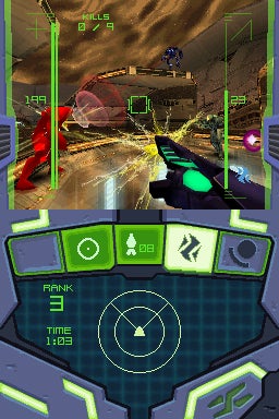 Screenshot of gameplay from Metroid Prime: Hunters on a handheld device, showing a first-person perspective with HUD elements like health, ammunition, and a radar, with an enemy character in the distance and a sci-fi corridor environment.