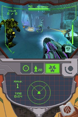 Screenshot of gameplay from Metroid Prime: Hunters showing a first-person view with the heads-up display indicating 92 energy and a rank of 1, time at 2:54, and two alien creatures in a futuristic environment.