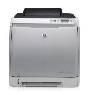 HP Color LaserJet 1600 printer on a white background, showcasing its front design with the HP logo on the top center, control buttons on the top right, and paper loading tray at the bottom front.