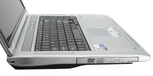 Evesham Voyager C720DC laptop angled view showing keyboard and DVD drive.