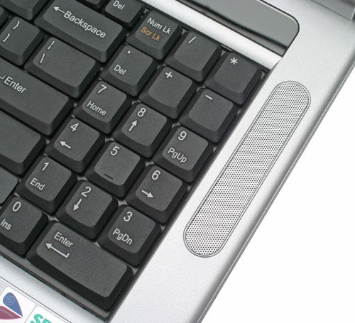 Close-up of Evesham Voyager C720DC laptop keyboard and speaker.
