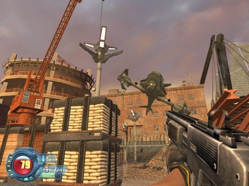 First-person view in Sin Episodes: Emergence with a handgun aiming at an airborne creature against a backdrop of a construction site and crane. HUD indicators show health at 79 and ammunition as 4/25.