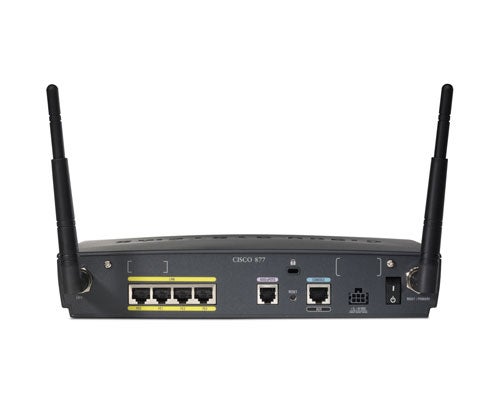 Cisco 877W Integrated Services Router with two antennas against a white background, showing front panel with Ethernet ports, status indicators, and console connections.