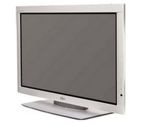 Fujitsu P63XHA40 63-inch plasma TV on a stand with a silver bezel, screen turned off, against a white background.
