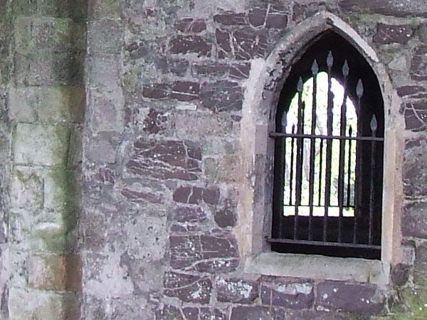 Close-up of a gothic-style arched window with iron bars in an old stone wall, possibly shot with a Fujifilm FinePix S5600 camera.