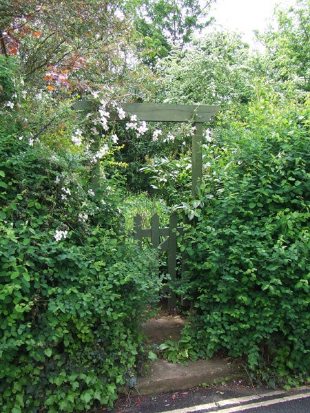 A lush green garden archway over a small wooden gate surrounded by dense foliage and flowering shrubs, depicting the color accuracy and detail captured by the Fujifilm FinePix S5600 camera.