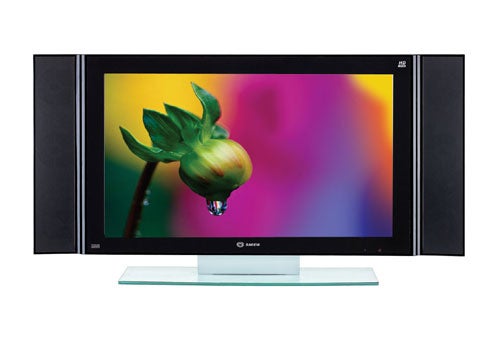 Sagem HD-L26TP2, 26-inch LCD TV, displaying a vibrant flower image with a water droplet, showcasing the screen's color reproduction.