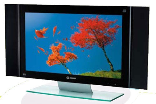 Sagem HD-L26TP2, 26-inch LCD TV, displaying a vibrant image of red autumn trees on its screen, positioned on a white surface with a black bezel and teal stand.
