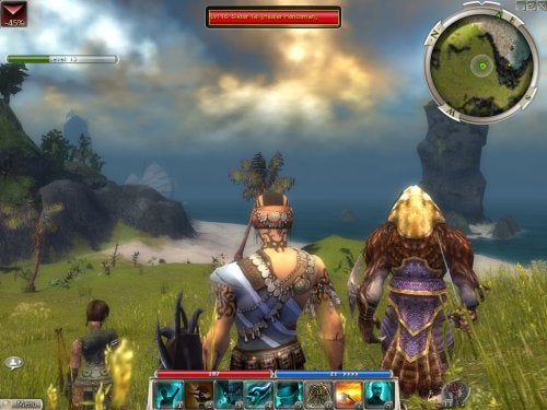 Screenshot from the video game Guild Wars: Factions showing in-game characters with health and energy bars at the top, a minimap on the top right, and the skill bar at the bottom. The characters are standing on a beach looking at the sea with a rocky island in the distance.