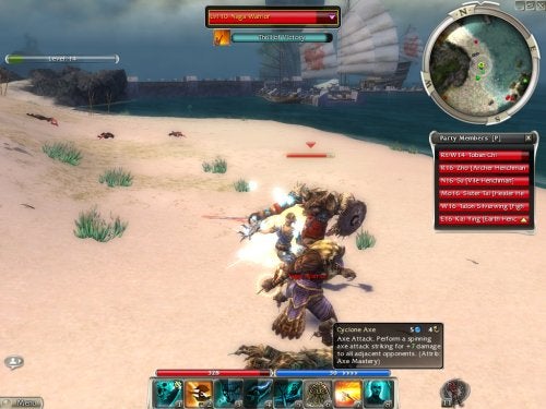 Screenshot from the video game Guild Wars: Factions showing a player character wielding an axe in combat on a beach with the game's user interface, including a minimap, chat log, and skill bar visible.