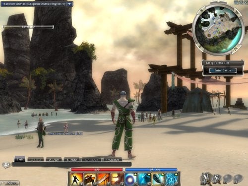Screenshot of a player character standing on a beach within the game Guild Wars: Factions, with the game's interface showing a skill bar, a mini-map, and other players in the distance near an Asian-inspired archway structure.