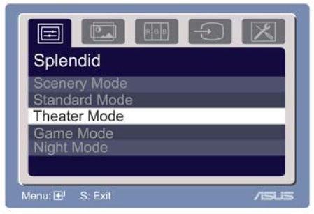 Screenshot of the ASUS monitor on-screen display menu, highlighting the Splendid Video Intelligence Technology with different viewing modes including Scenery, Standard, Theater, Game, and Night.