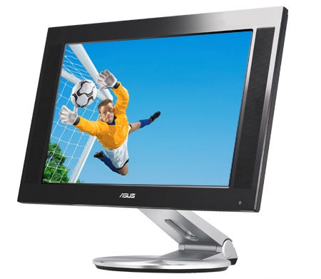 Asus PW191 19-inch widescreen LCD monitor displaying an action-packed soccer game image, showcasing vibrant color output and sleek design with a silver stand.