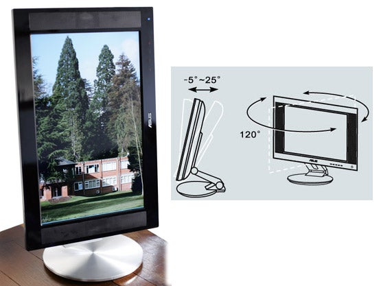 Asus PW191 19-inch widescreen LCD monitor displayed in portrait orientation on a wooden desk, with an inset diagram showing the monitor's tilt and swivel ranges.
