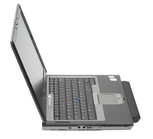 Dell Latitude D620 laptop with open lid, showing keyboard, trackpad, and screen on a white background.
