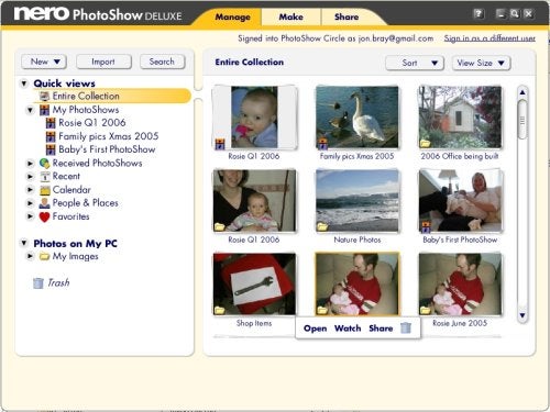 Screenshot of Nero PhotoShow Deluxe 4 software interface showing photo management and album organization features with sample photos displayed.